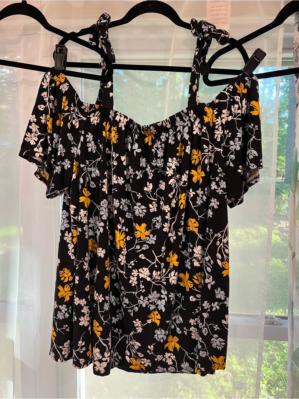 Lane Bryant Black Floral Off-Shoulder Blouse with Yellow and White Flowers
